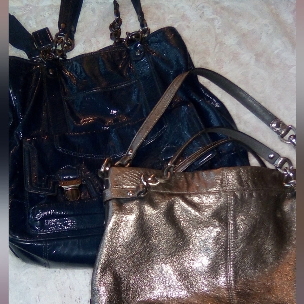 Coach Stylish Navy Patent Leather + Champagne Medium Handbags Pick Both Or One